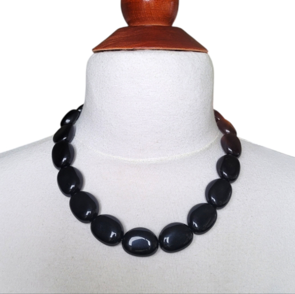 Vintage Chaps Black Stone Necklace Leather Cord Silver Plate Toggle 19"
